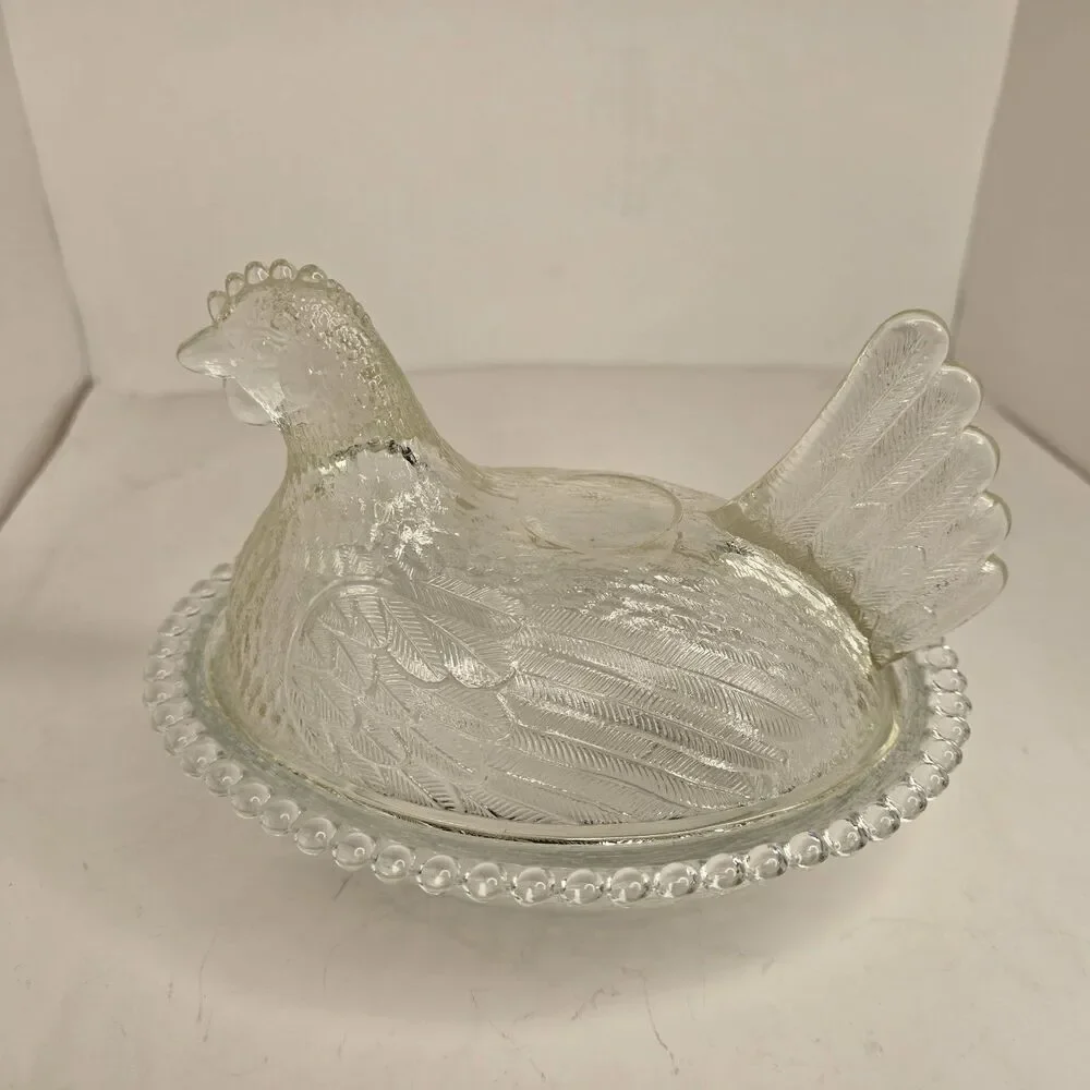 Vintage Clear Glass Hen On Nest Candy Dish *Flaw